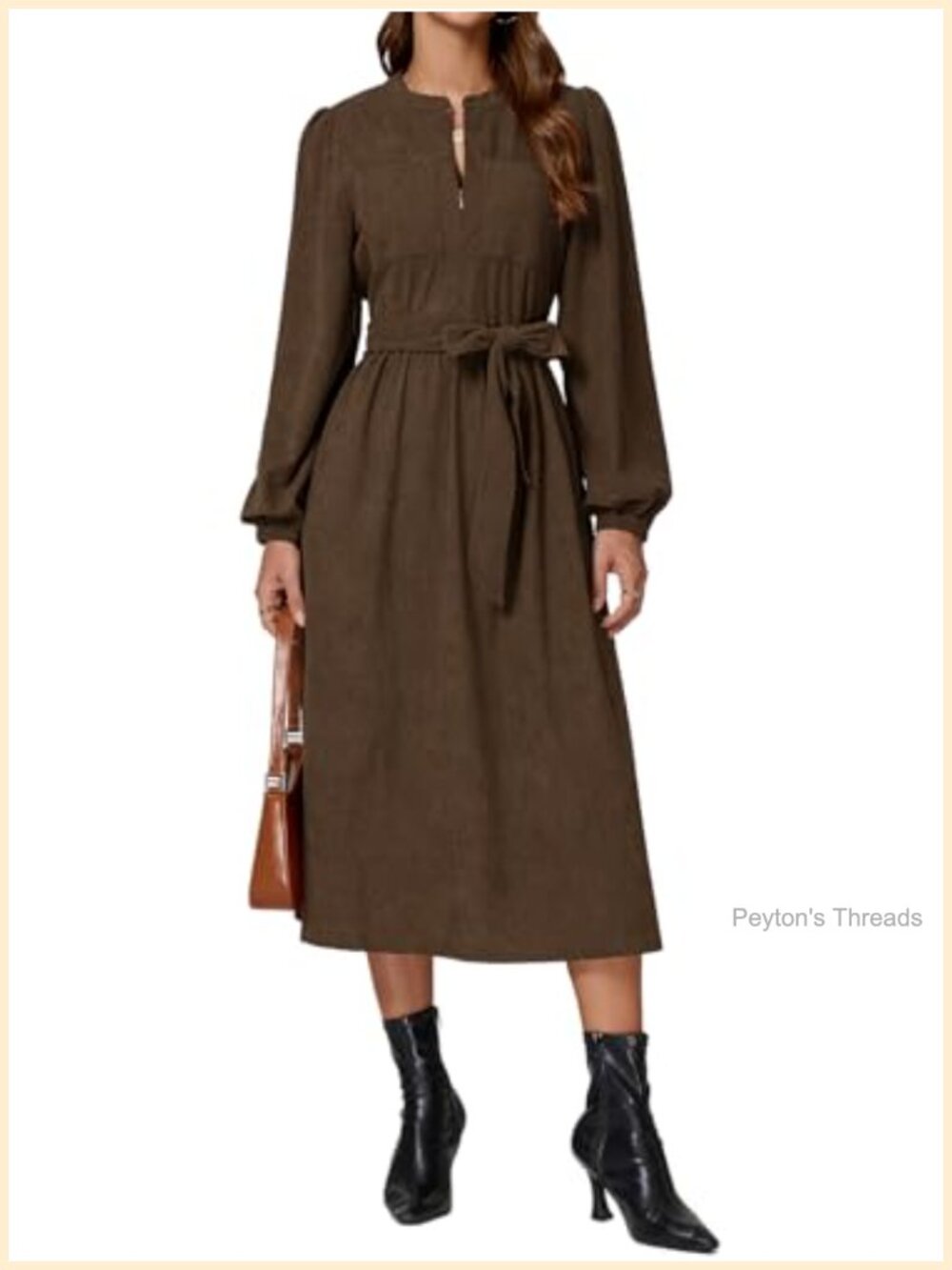 Corduroy Dress Women Long Puff Sleeve Zip Up Vintage Fall Midi Dress with Belt